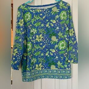 The Talbots Tee,  Blue, Green & Yellow Floral Print. Size L Good Cond. Long Slve